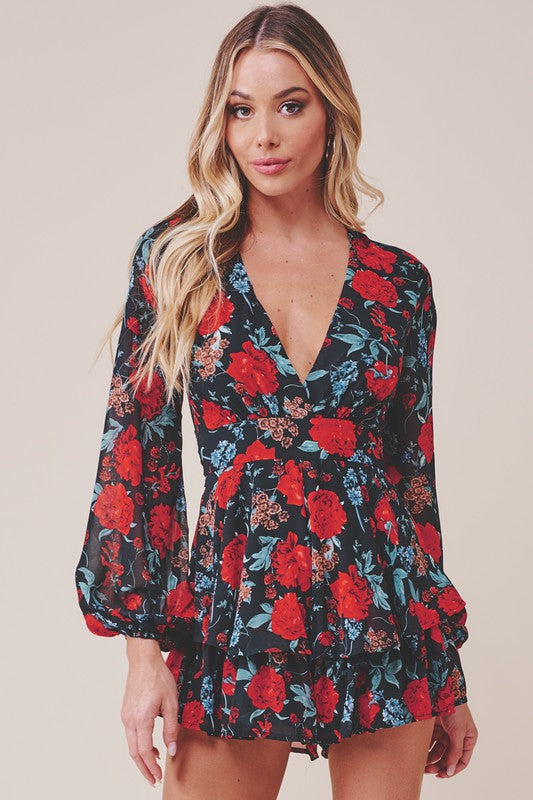 Fashion Black Multi-Color Floral Print Ruffle Tie-Up Romper with Bell Sleeve